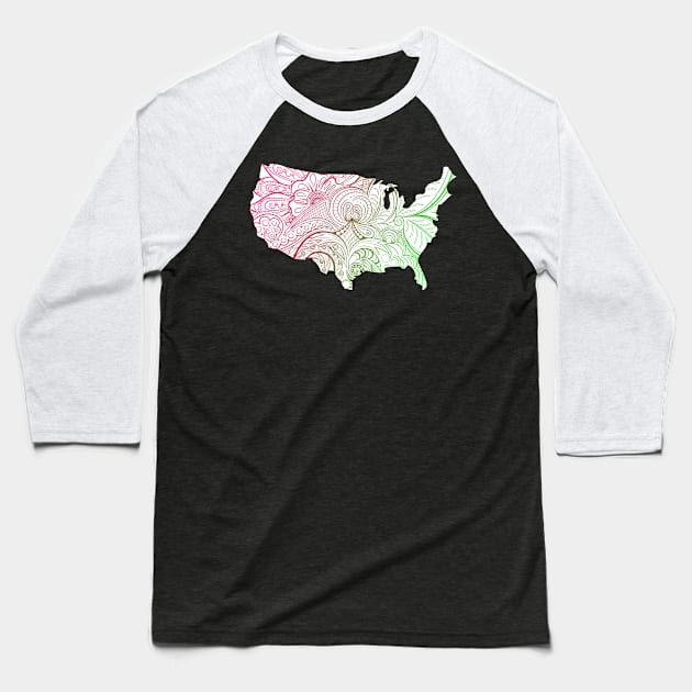 Colorful mandala art map of the United States of America in pink and green on white background Baseball T-Shirt by Happy Citizen